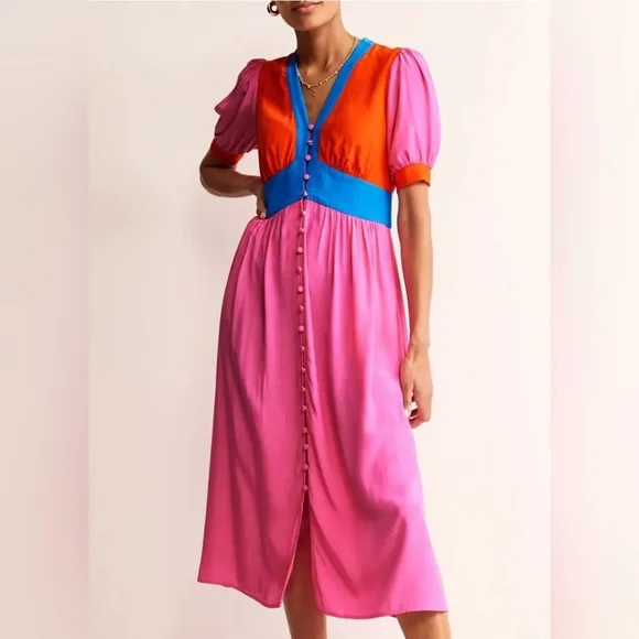 NWT Boden Pink Elsa Midi Tea Dress, Pink, Blue And Orange W/ Buttons - Picture 3 of 13